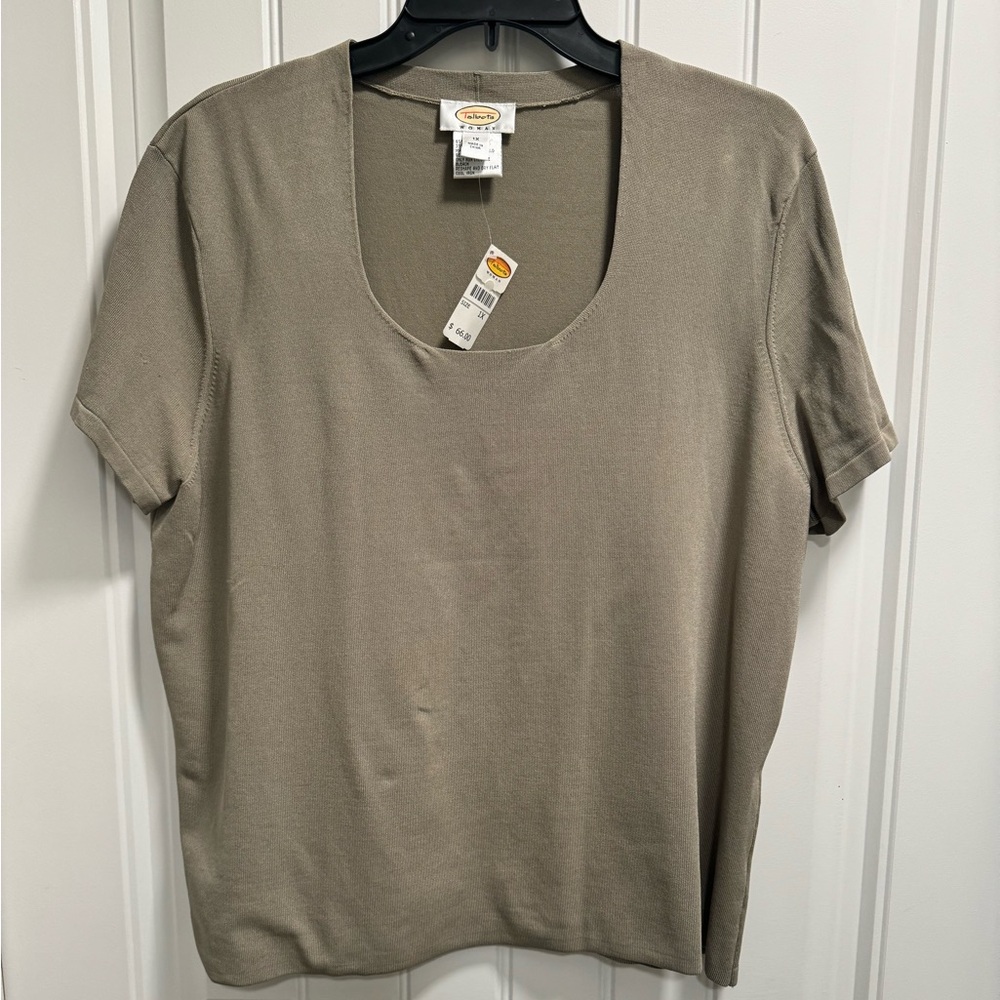 Talbots Women’s 1X Plus Size Scoop Neck Basic Short Sleeve Top Natural Green NWT